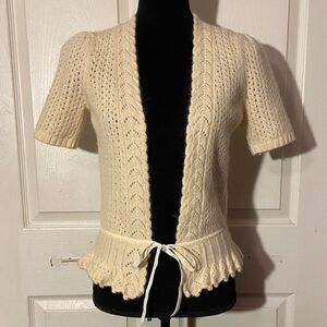 LOFT Cream Wool Blend Short-Sleeve Lace Knit Tie-Waist XS Cardigan VTG